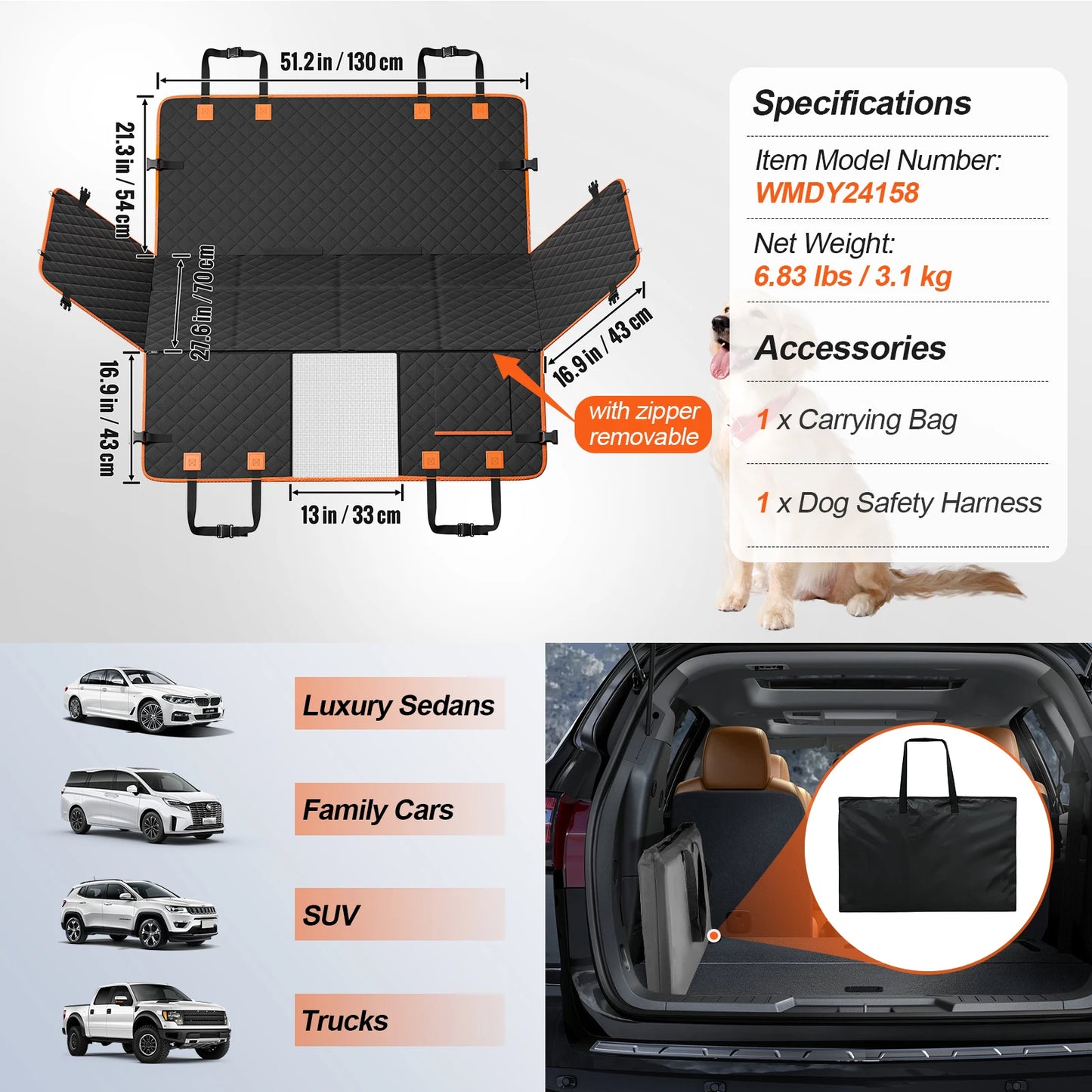 SucceBuy Back Seat Extender Dog Car Cover With Mesh Window Storage Pocket 350lb