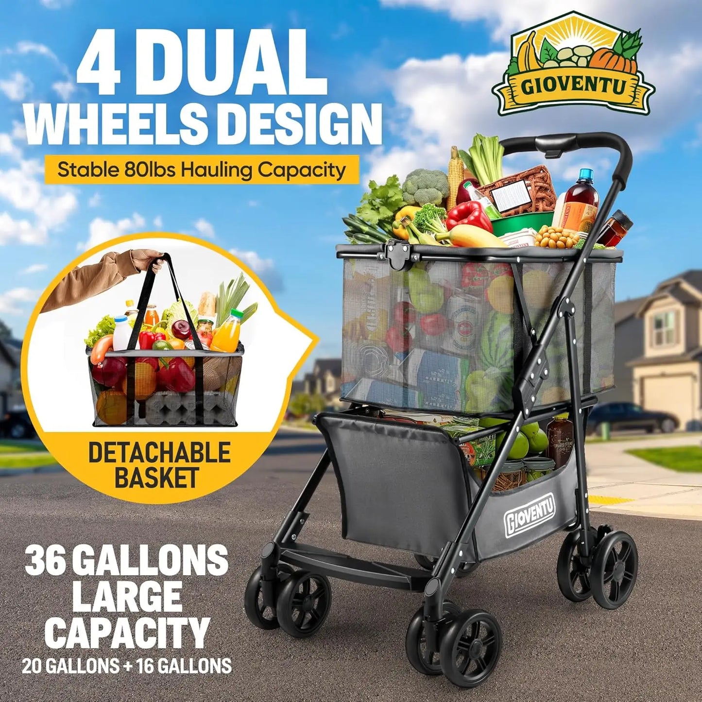 𝐈𝐦𝐩𝐫𝐨𝐯𝐞𝐝 𝐕𝐞𝐫𝐬𝐢𝐨𝐧 Folding Shopping Cart for Groceries, 80lbs Collapsible Grocery Cart with Removable Basket and Sw