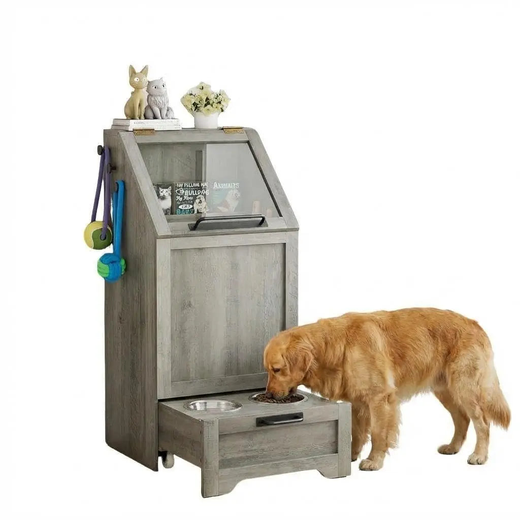 Dog Food Station with Storage,Pet Feeding Station with Raised Bowls,Dog Food Storage Cabinet with Hanger for Feeding