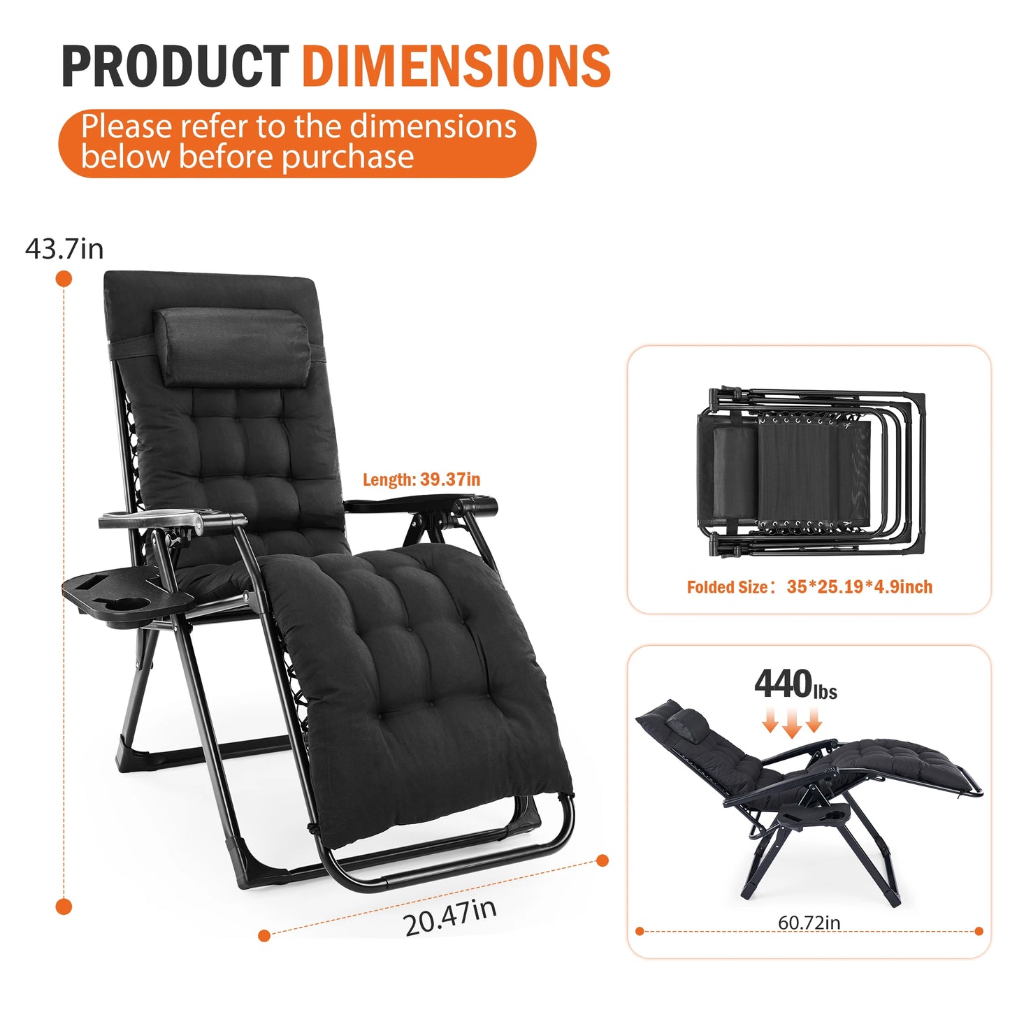 JHK Zero Gravity Reclining Camping Lounge Chair With Cup Tray