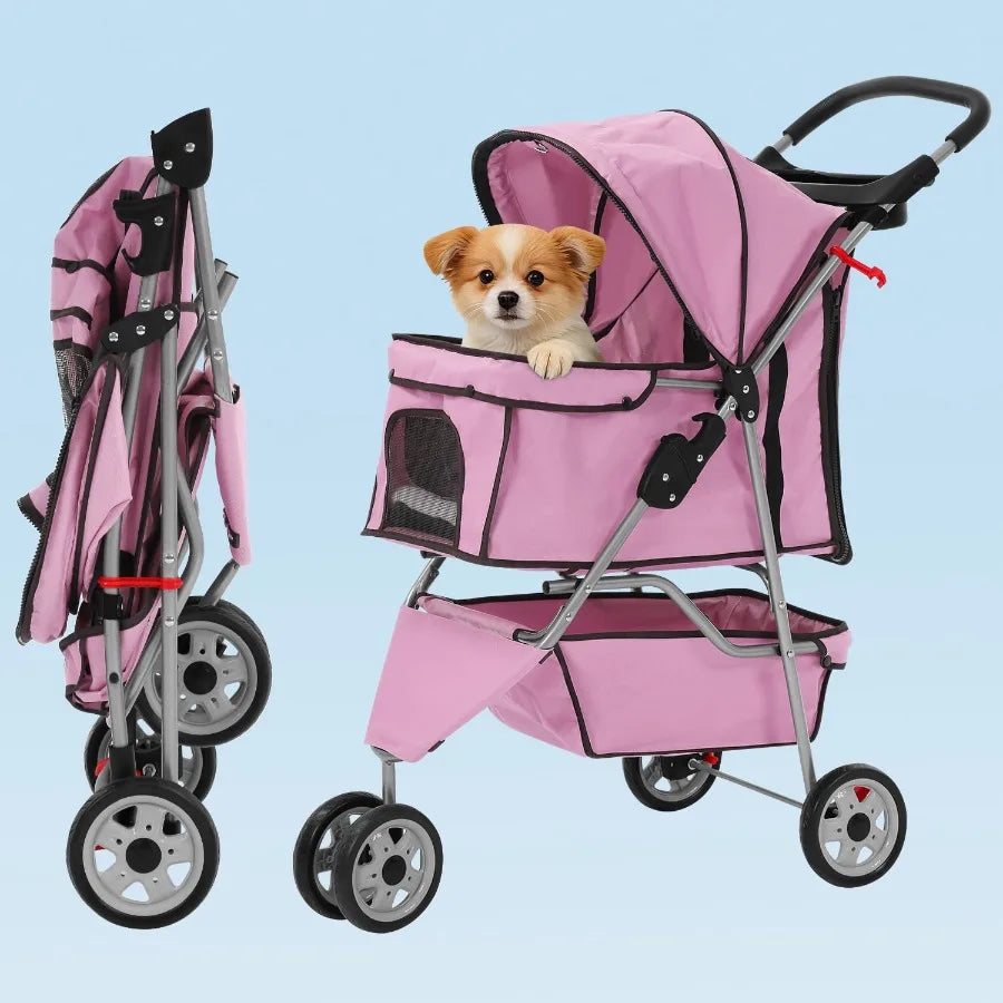Foldable 3-Wheel Dog Stroller With Cup Holder And Storage