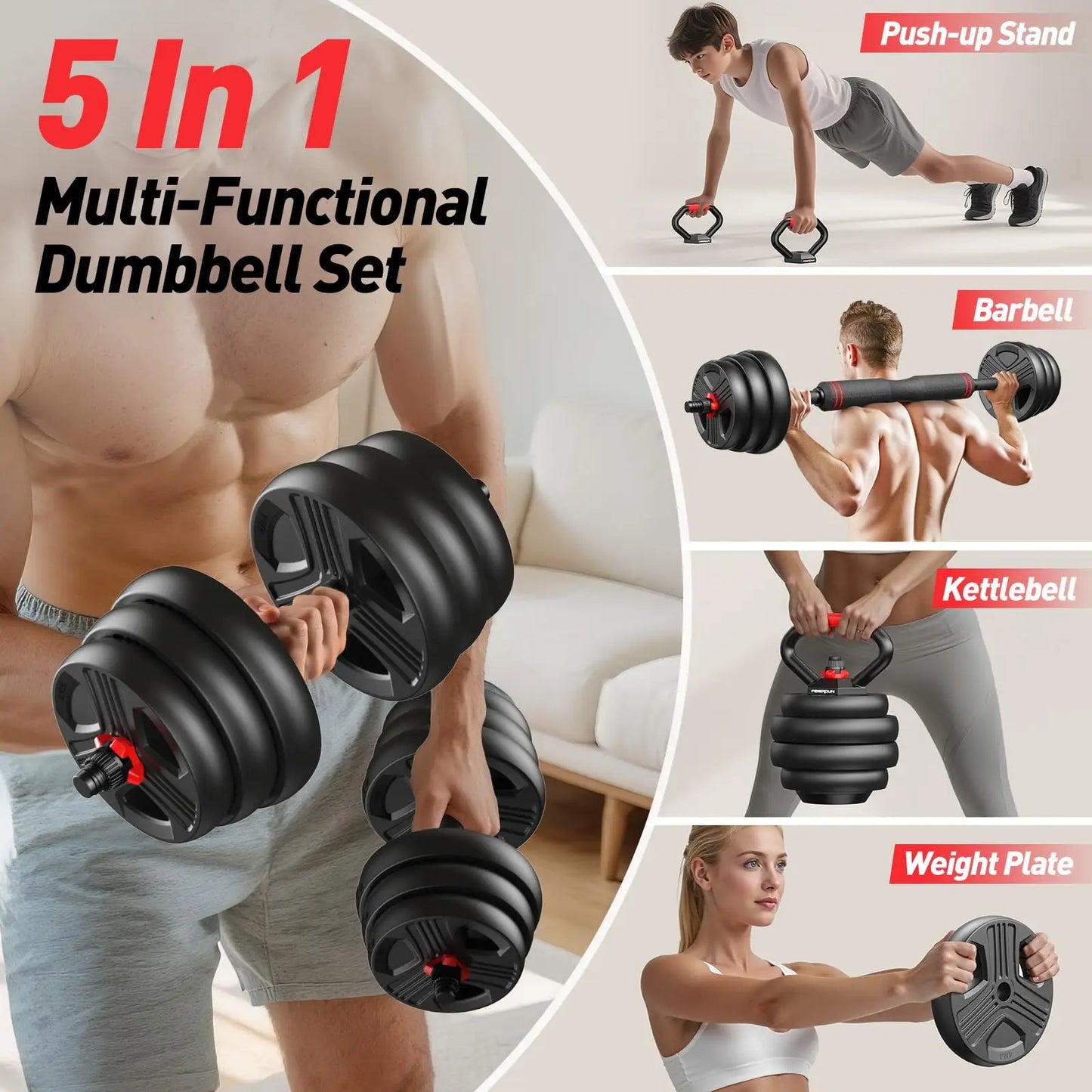 FED Fitness 5 In 1 Adjustable Dumbbell Set Barbell Kettlebell