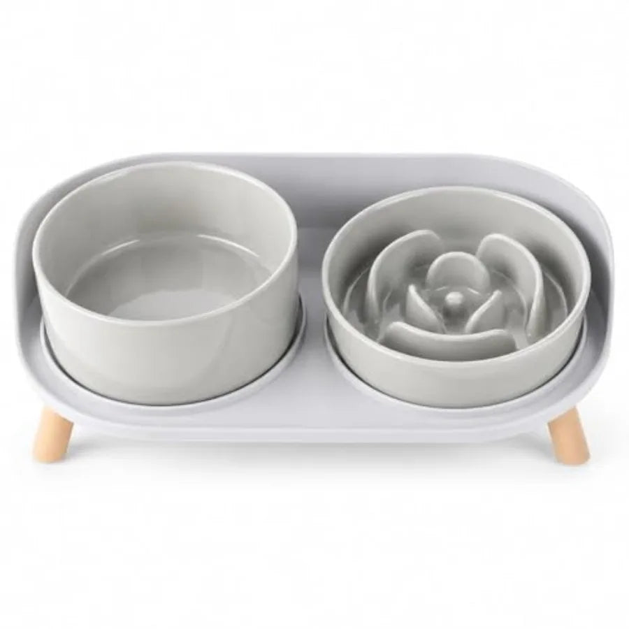 Elevated Slow Feeder Dog Bowls With Ceramic Stand Set