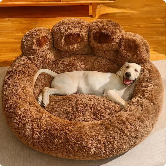 Paw Shaped Donut Dog Bed Plush Calming Cushion For Pets