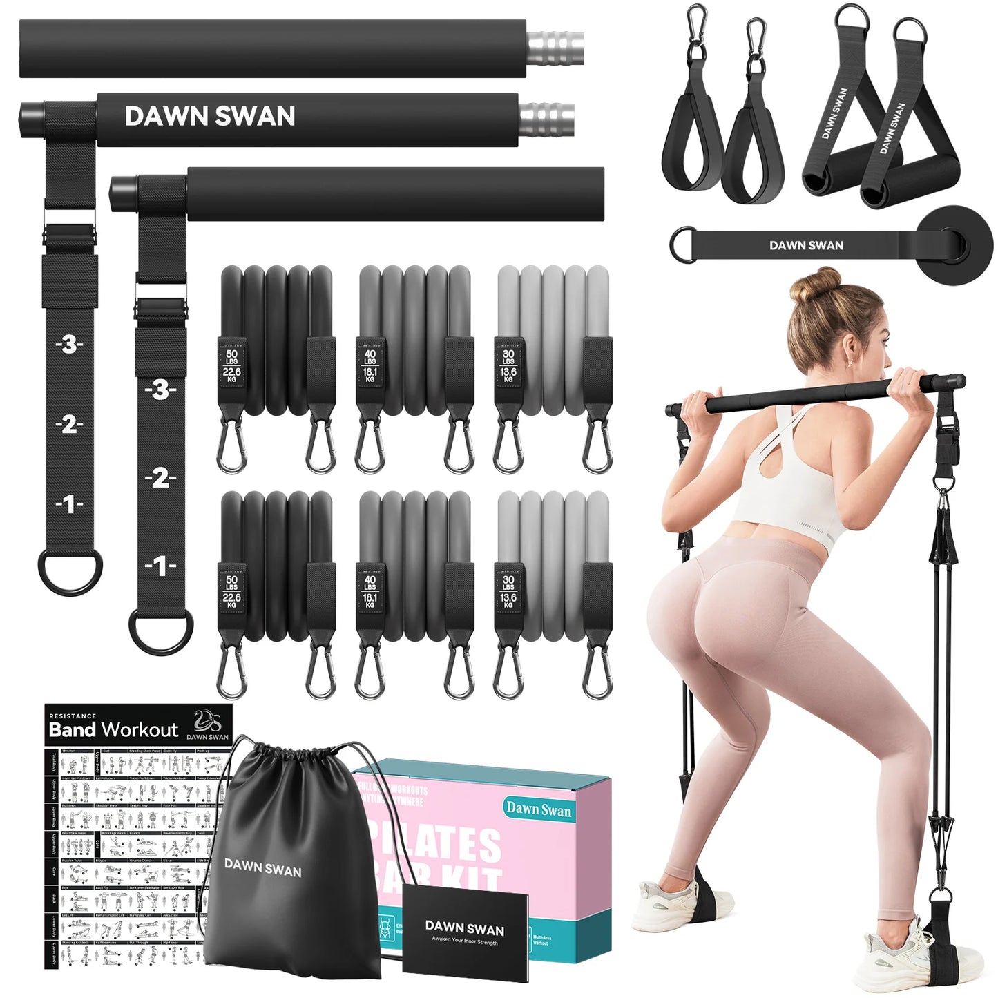Adjustable Pilates Bar Kit With Resistance Bands For Home Gym