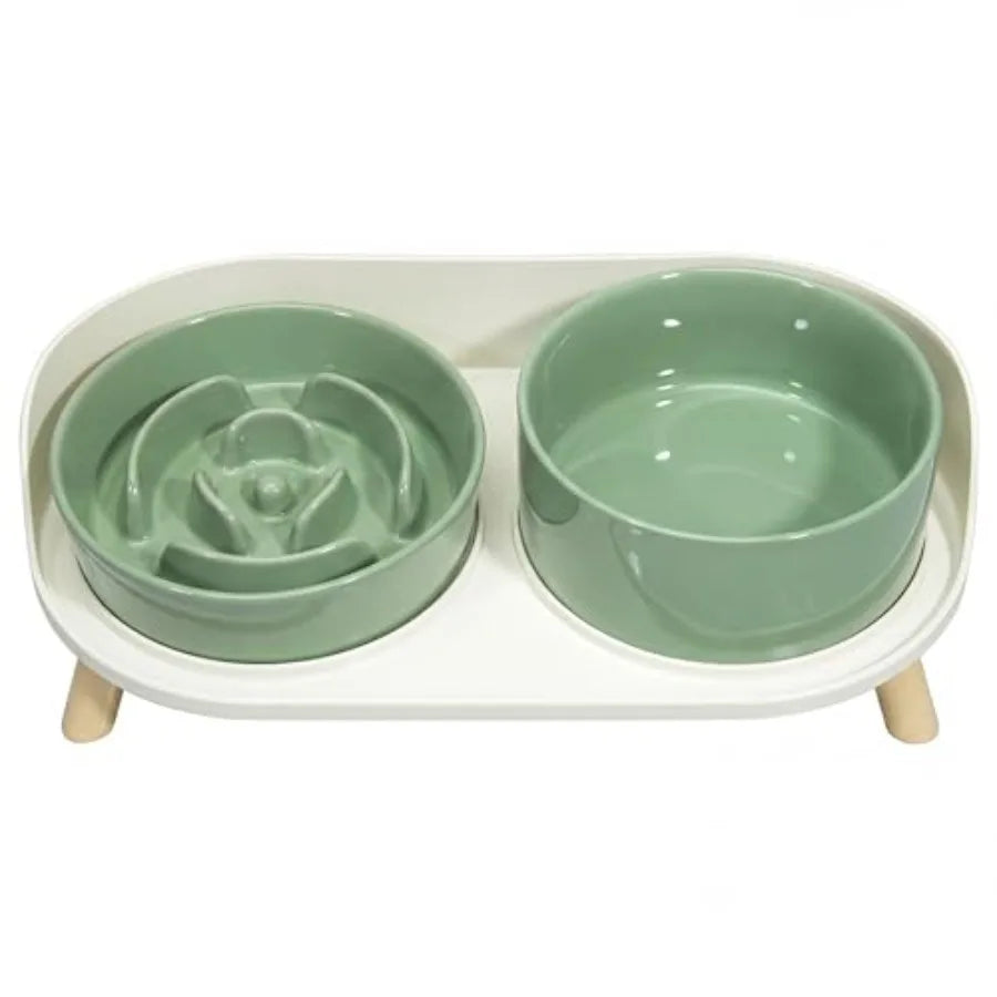 Elevated Slow Feeder Dog Bowls With Ceramic Stand Set