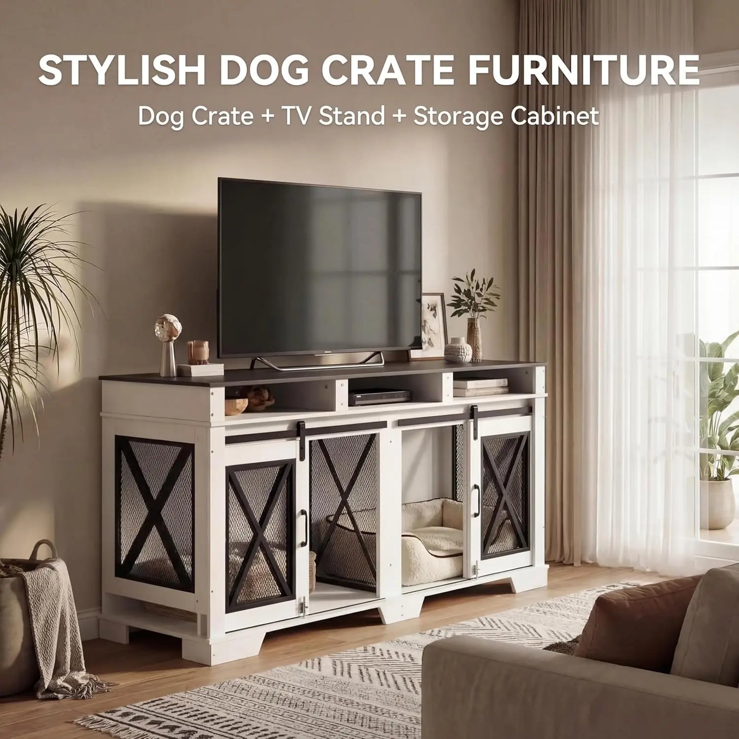 71" Double Dog Crate Furniture with Sliding Doors,Wood & Metal Dog Cage with Divider,Large Dog Kennel,Indoor Crate TV Stand