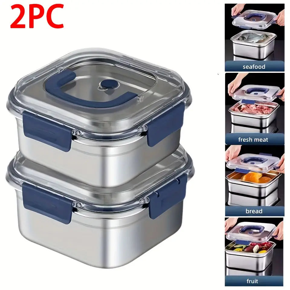 2PCS Extra-Large Stainless Steel Food Storage Containers With Blue Lids - Deep Design, Airtight Seal, Lunch Boxes for Kitchen