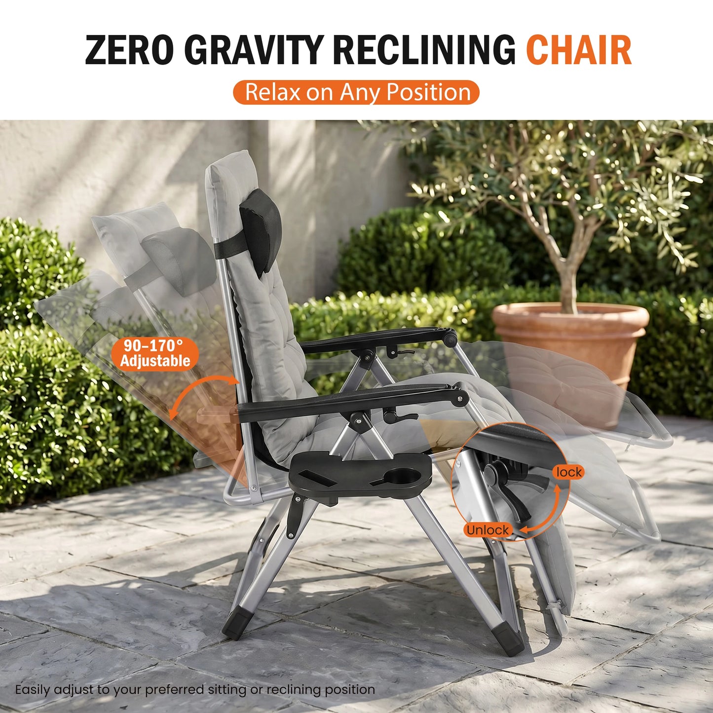 JHK Zero Gravity Reclining Camping Lounge Chair With Cup Tray