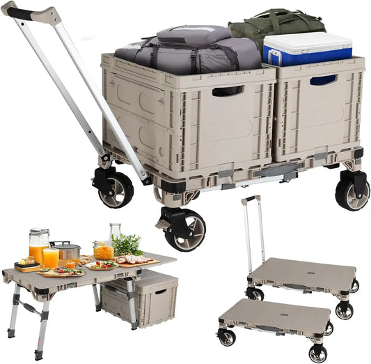Foldable Camping Table Cart 3-In-1 Utility Wagon With 360 Wheels