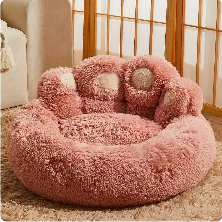 Paw Shaped Donut Dog Bed Plush Calming Cushion For Pets