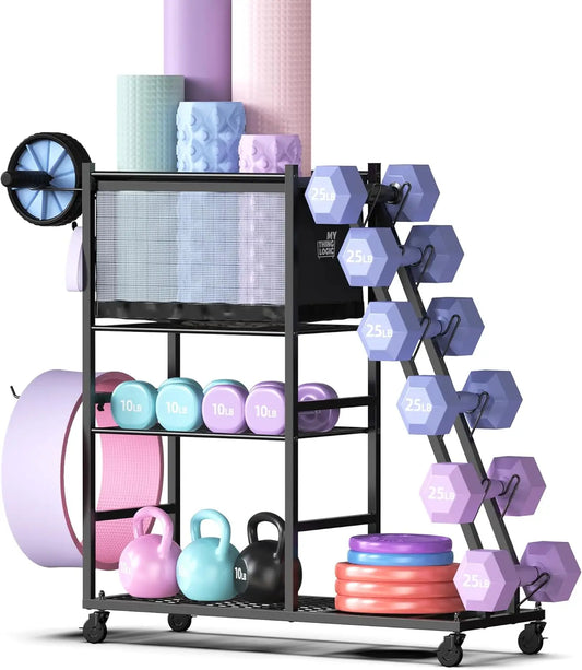 Home Gym Storage Rack With Casters For Dumbbells Kettlebells Mats