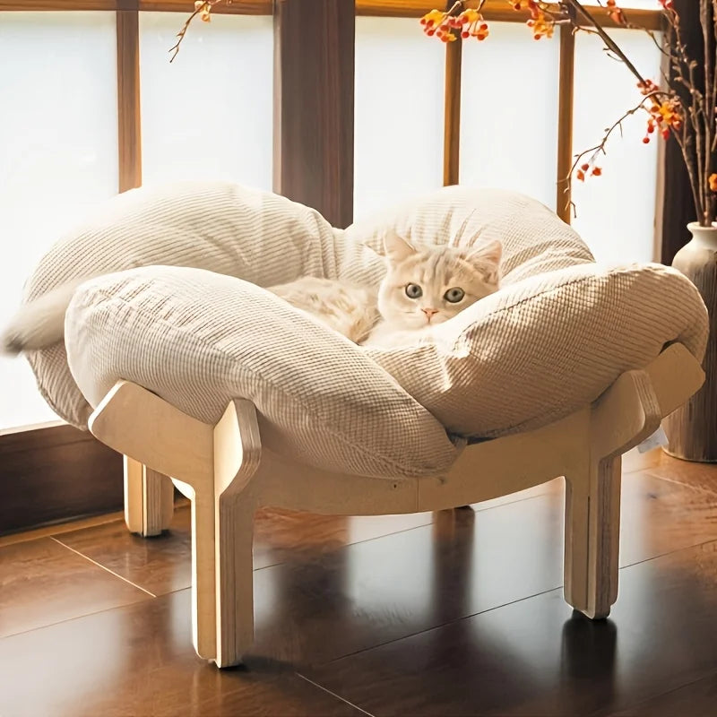 Raised Wooden Cat Bed With Soft Cushion Indoor Lounging Sofa