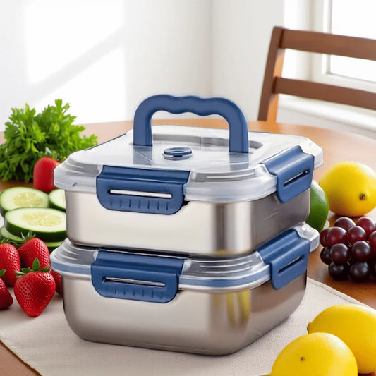 2PCS Extra-Large Stainless Steel Food Storage Containers With Blue Lids - Deep Design, Airtight Seal, Lunch Boxes for Kitchen