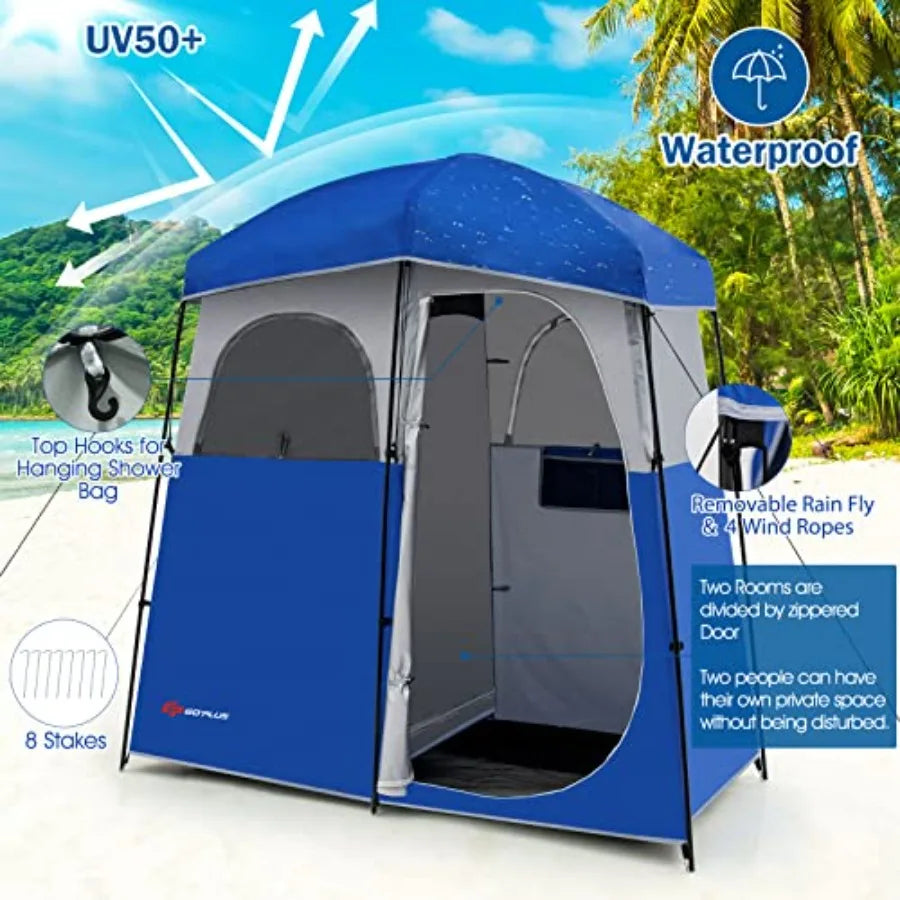 2 Room Shower Tent Portable Camping Changing with Floor Drain Detachable Rain Fly Stakes and Ropes UV Protection Water Resistan