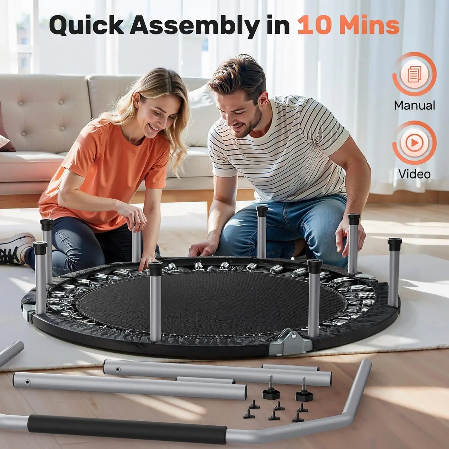 Foldable Mini Trampoline With Adjustable Foam Handle Rebounder For Adults