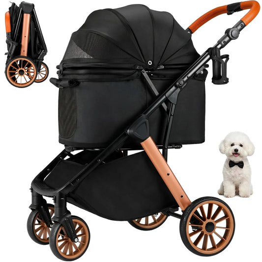 Foldable All Terrain Pet Stroller With Adjustable Handle Sun Shade