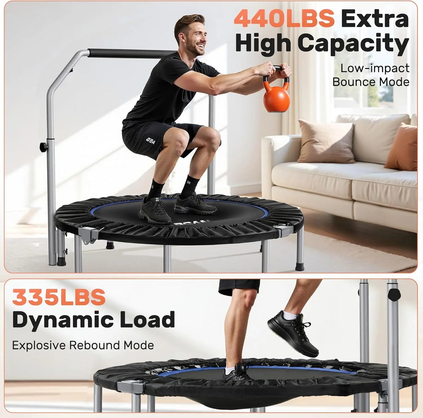 Foldable Mini Trampoline With Adjustable Foam Handle Rebounder For Adults