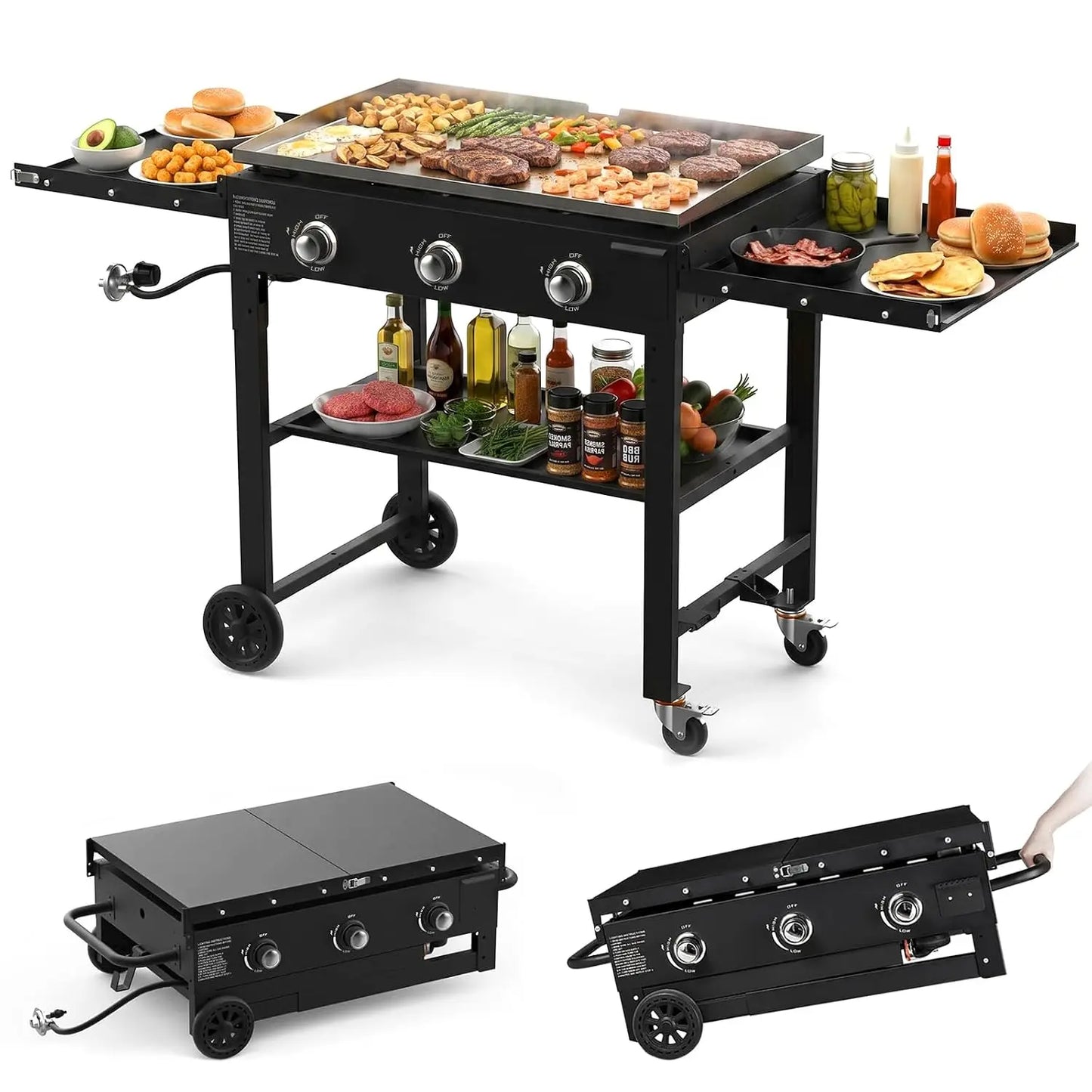 3 Burner Propane Griddle Grill Foldable Side Tables 45000 BTU