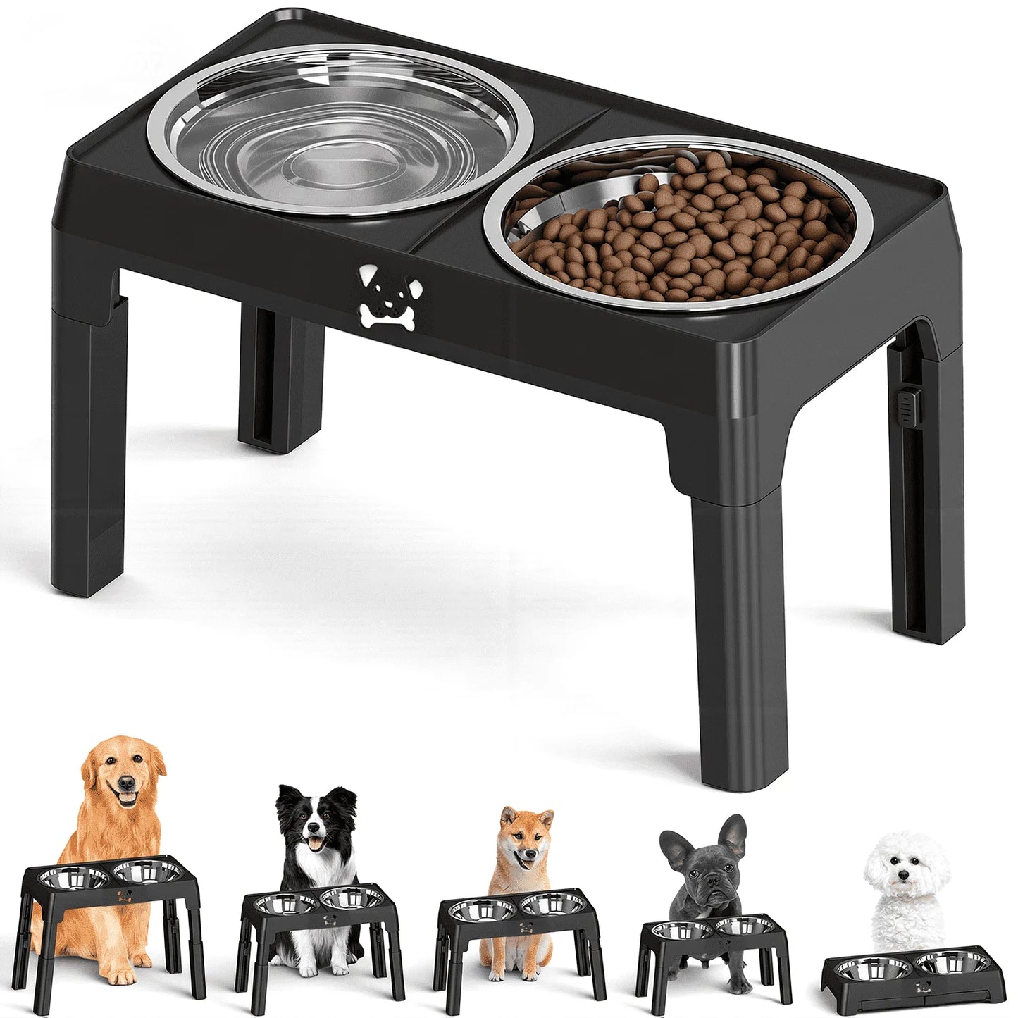 Elevated Adjustable Dog Feeding Station with Stainless Steel Bowls
