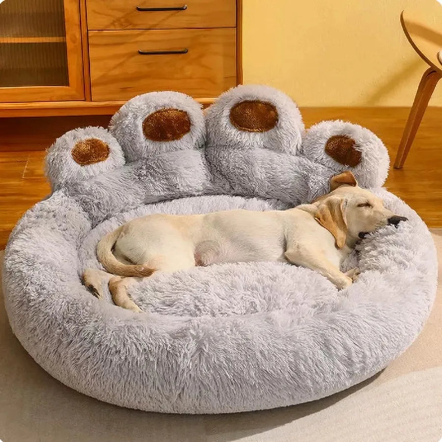 Paw Shaped Donut Dog Bed Plush Calming Cushion For Pets
