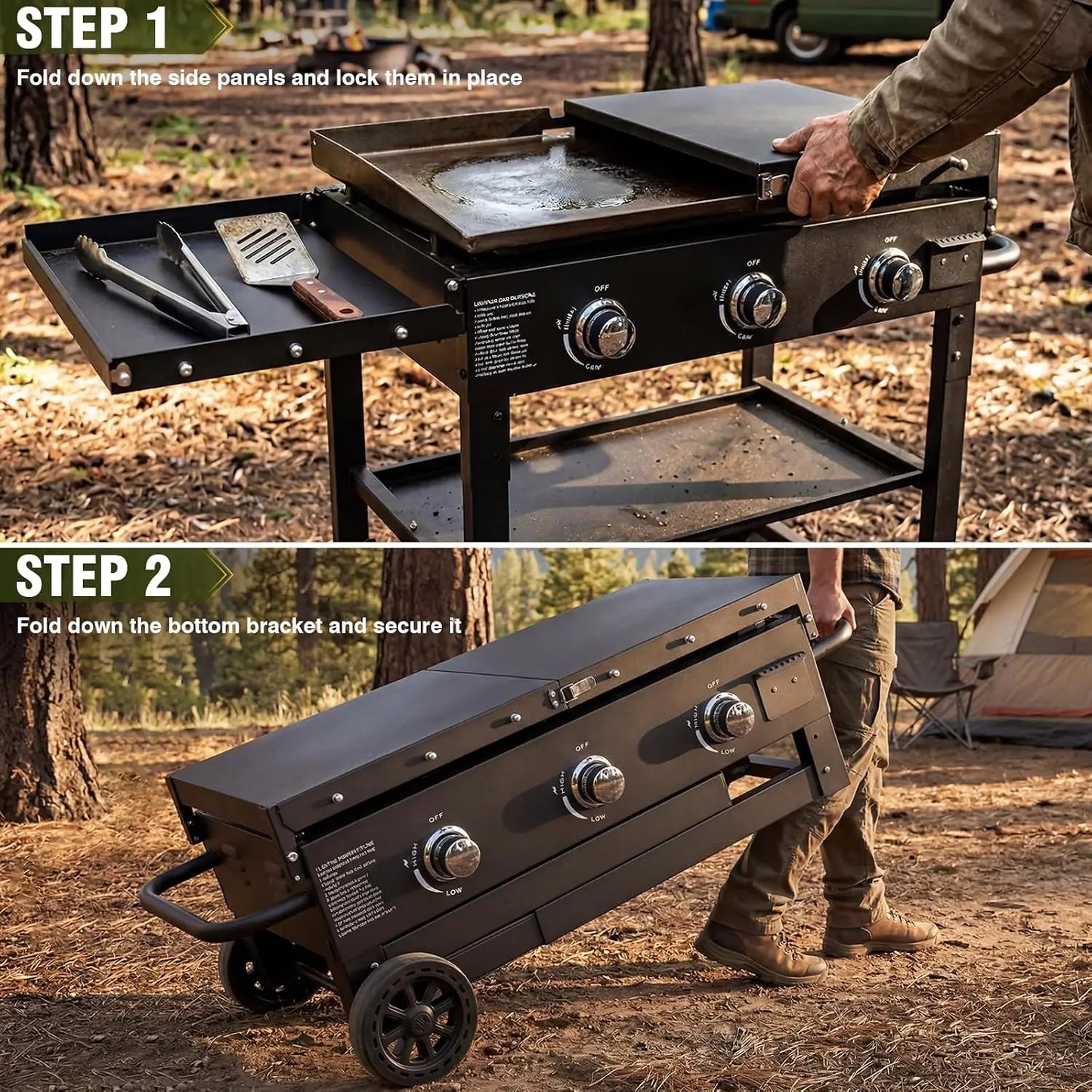 3 Burner Propane Griddle Grill Foldable Side Tables 45000 BTU