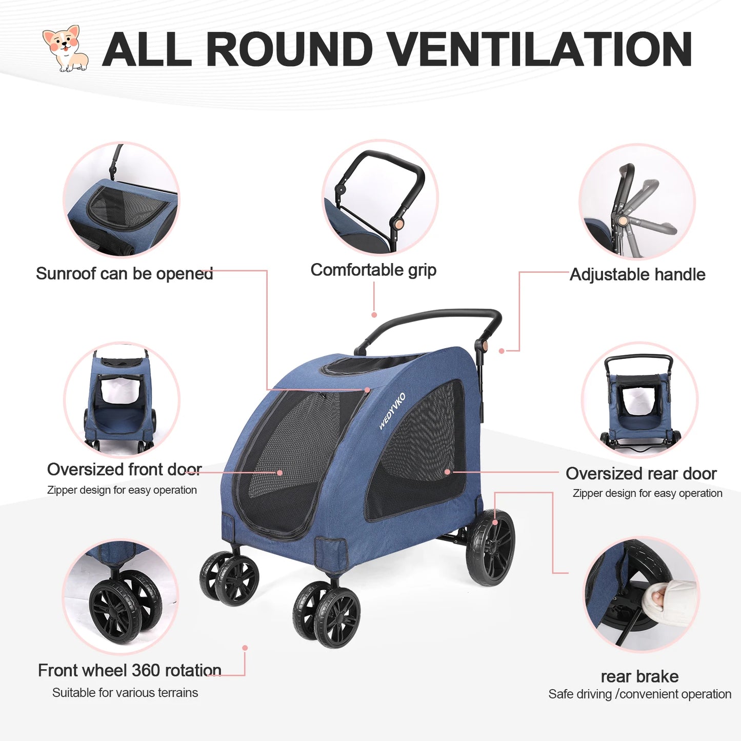 Heavy Duty Dog Stroller Foldable Wagon With Front Doors