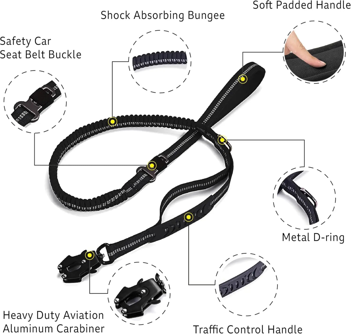 Reflective Shock Absorbing Tactical Bungee Dog Leash With Car Seatbelt
