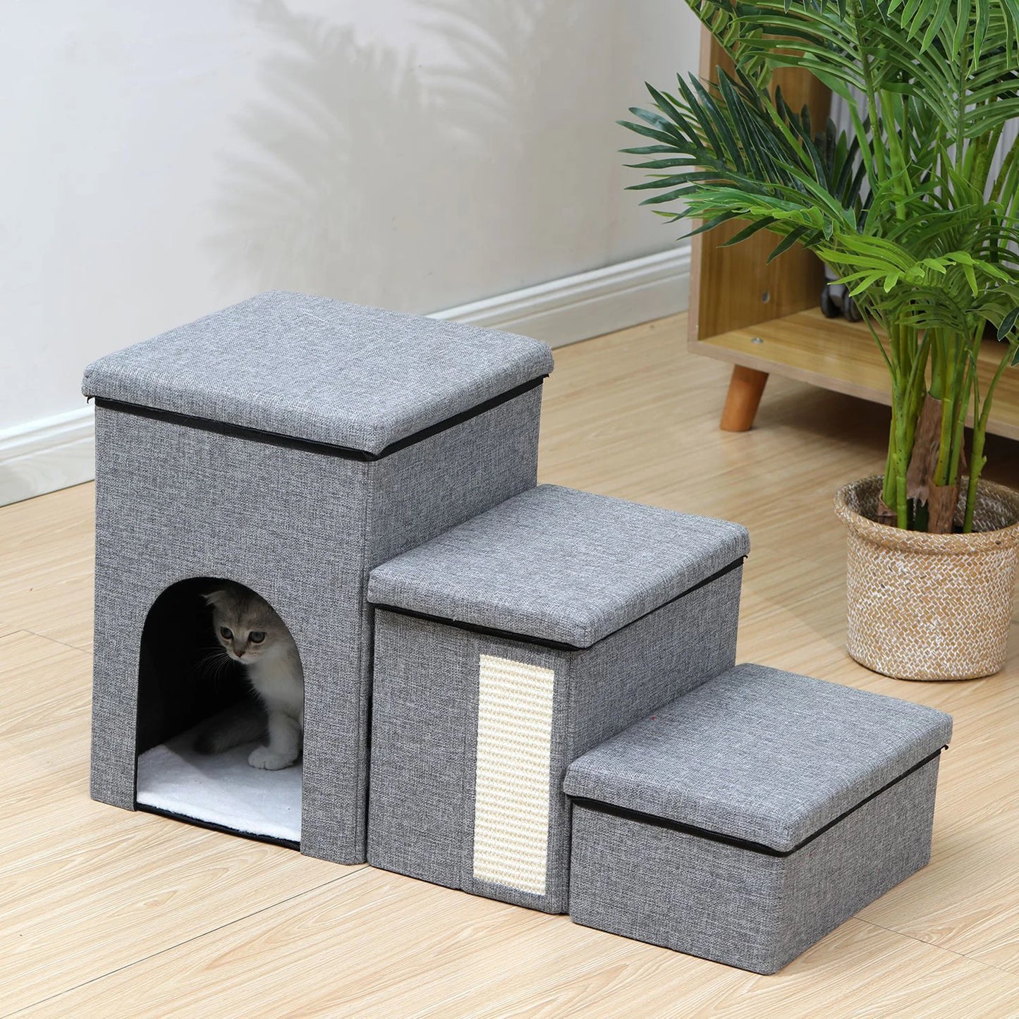 3 Levels Step Foldable Pet Stairs Multi-Purpose Multifunctional Cat Bed Wear Resist Removable Storage Organizer for All Seasons