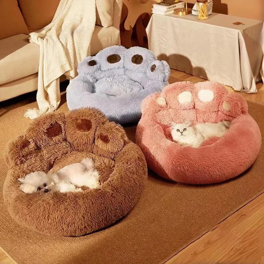 Paw Shaped Donut Dog Bed Plush Calming Cushion For Pets