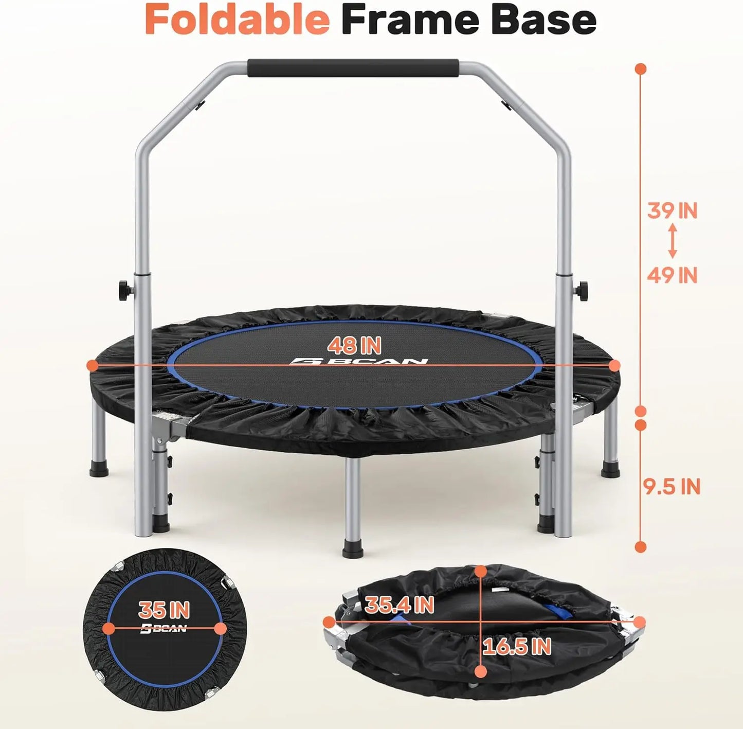 Foldable Mini Trampoline With Adjustable Foam Handle Rebounder For Adults