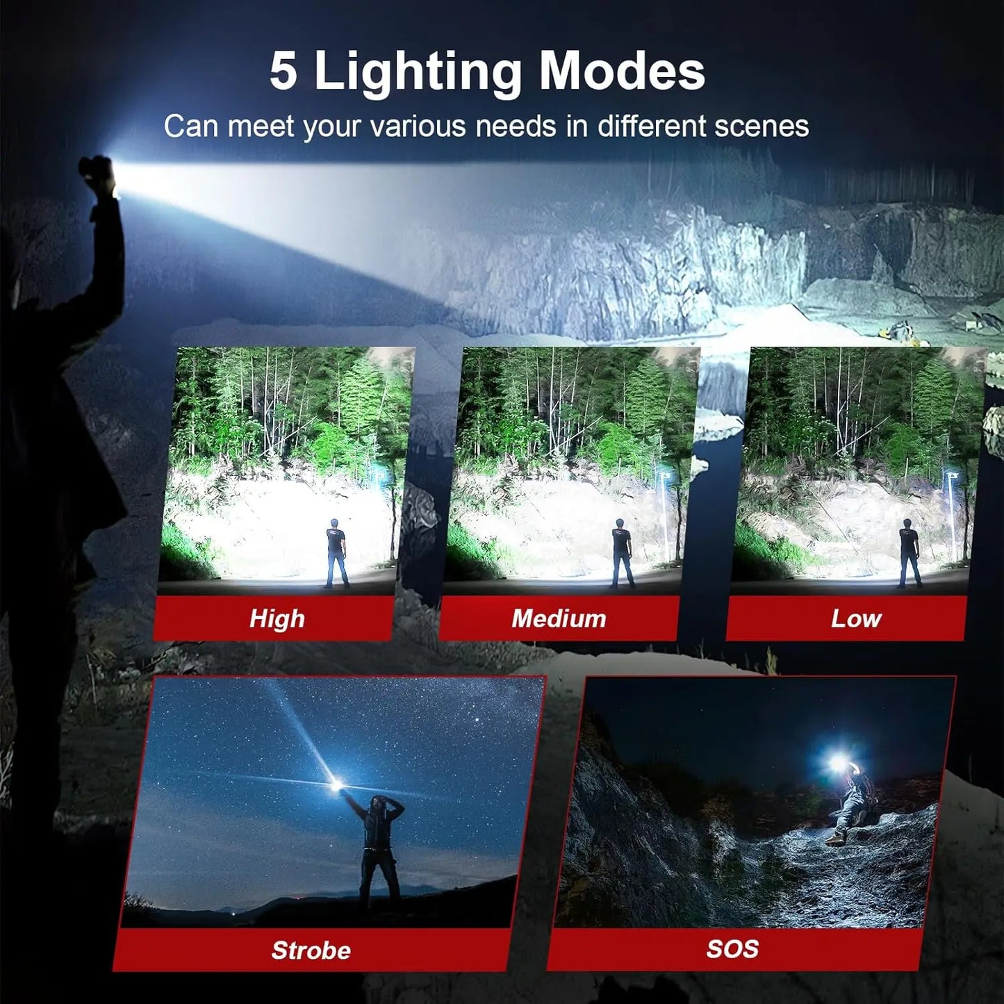 10000 Lumens Rechargeable LED Flashlight 30W Super Bright 5000ft Beam 12H Runtime USB-C