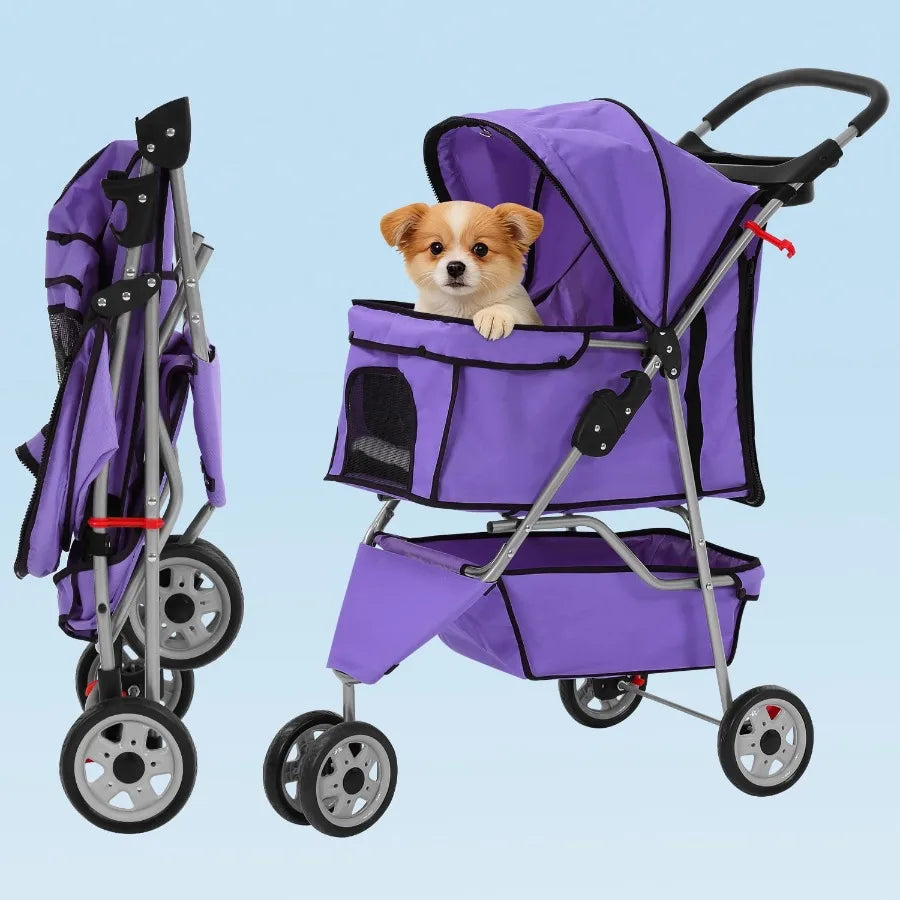 Foldable 3-Wheel Dog Stroller With Cup Holder And Storage