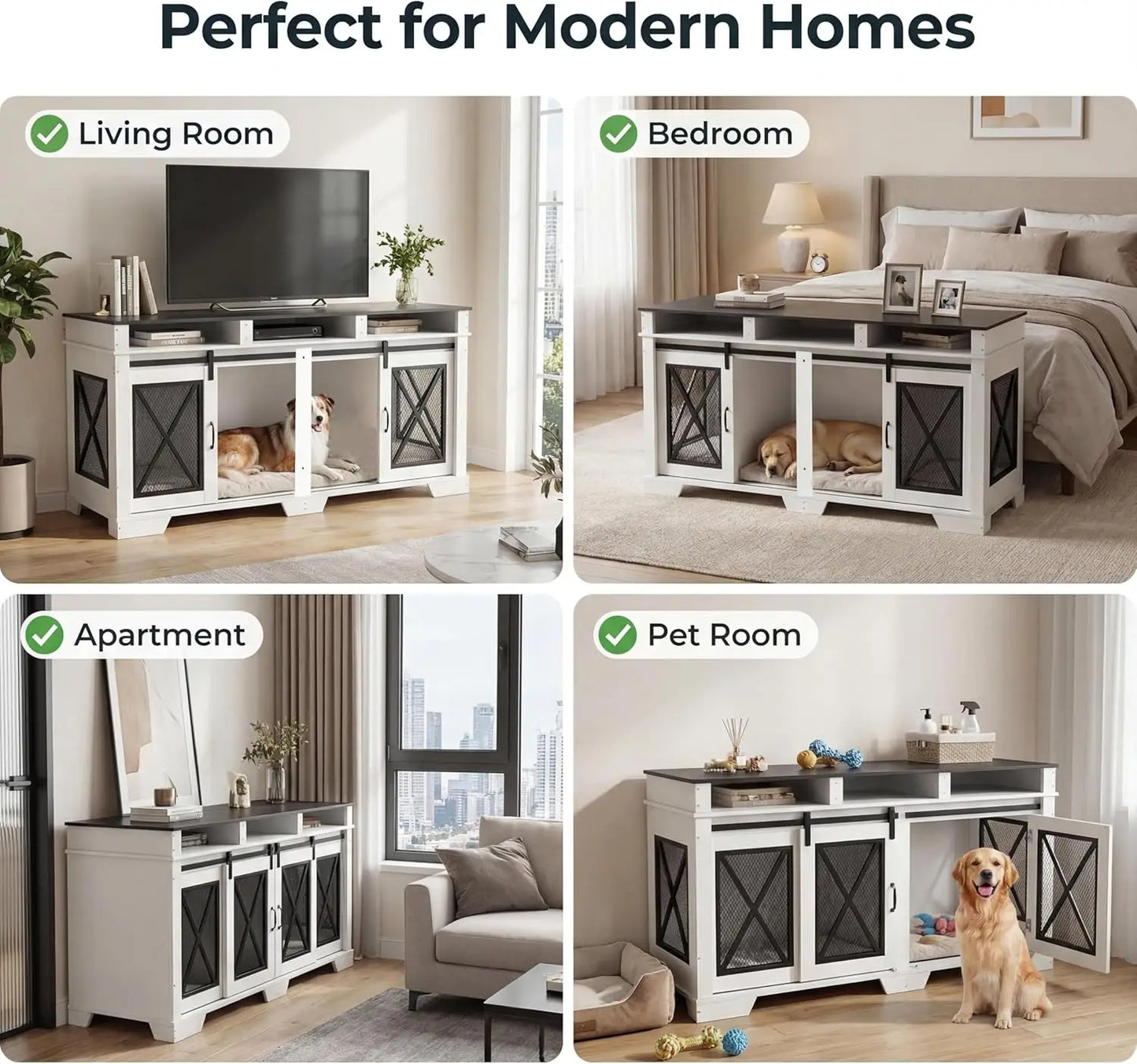 71" Double Dog Crate Furniture with Sliding Doors,Wood & Metal Dog Cage with Divider,Large Dog Kennel,Indoor Crate TV Stand