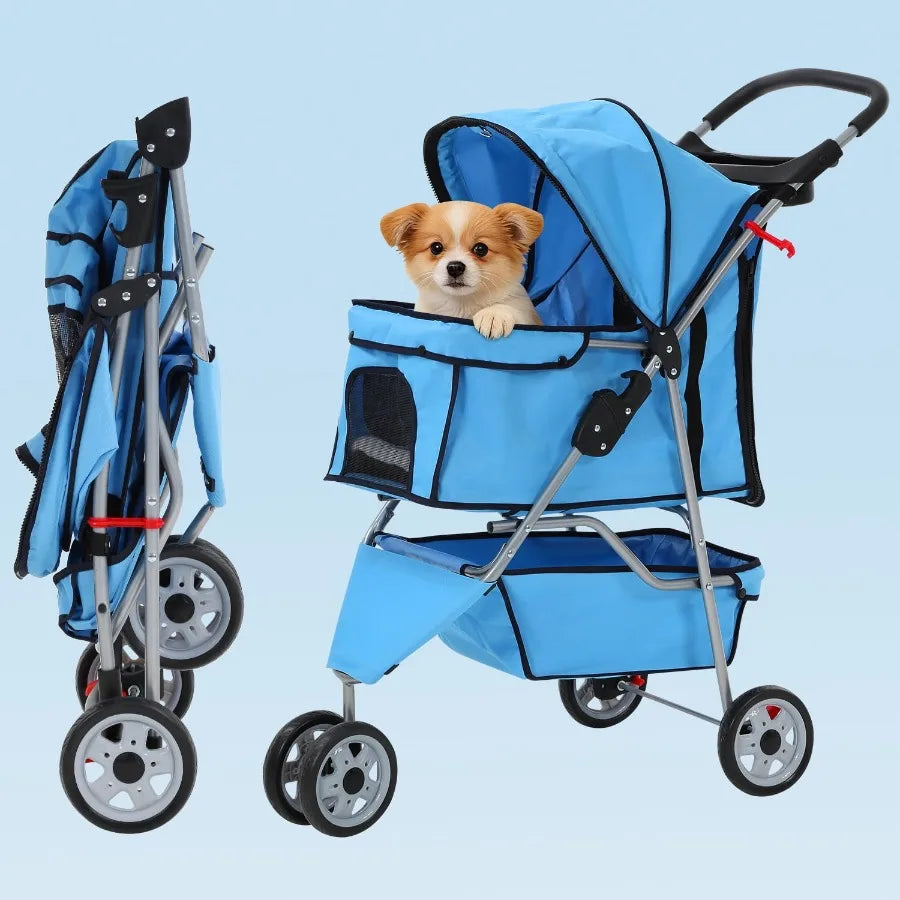 Foldable 3-Wheel Dog Stroller With Cup Holder And Storage