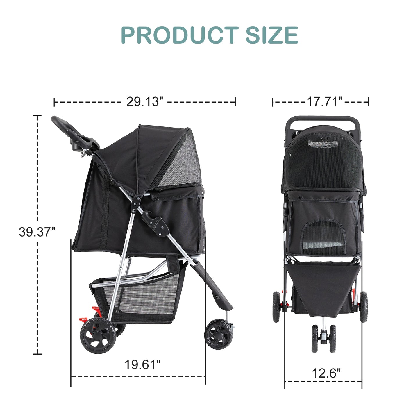 JHK Foldable 3-Wheel Pet Stroller For Small Dogs And Cats With Mesh Windows