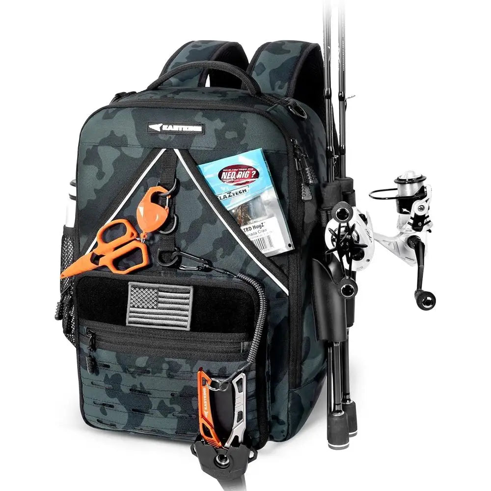 Water-Resistant Fishing Tackle Backpack With Rod Holders