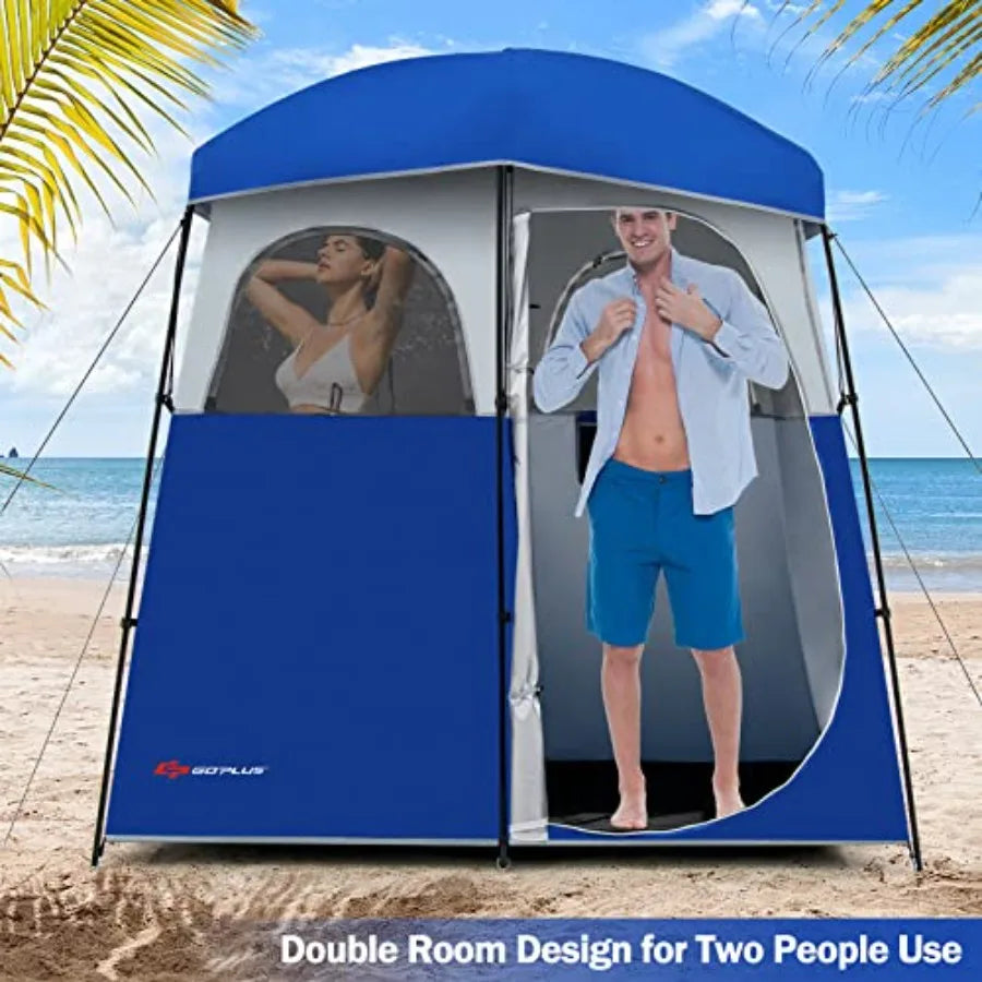 2 Room Shower Tent Portable Camping Changing with Floor Drain Detachable Rain Fly Stakes and Ropes UV Protection Water Resistan