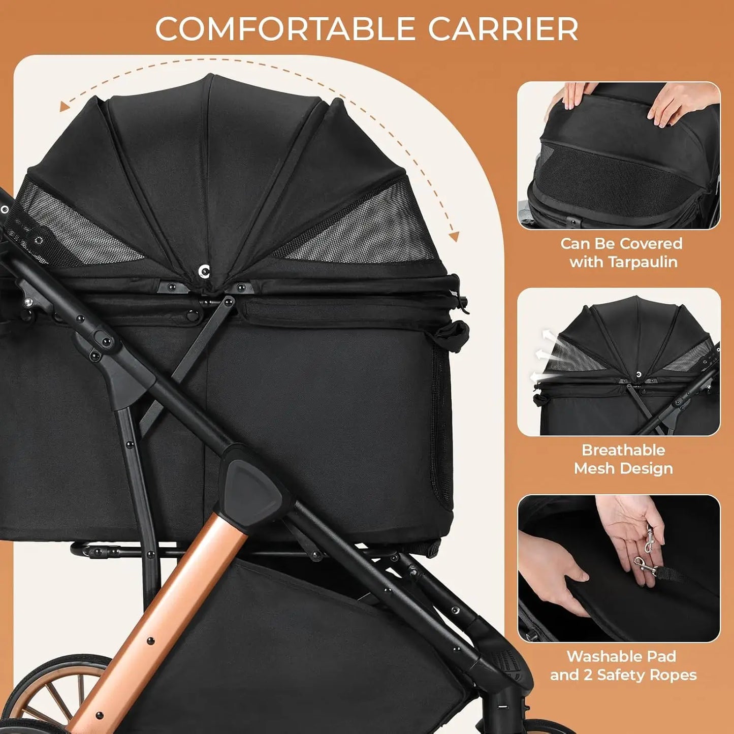 Foldable All Terrain Pet Stroller With Adjustable Handle Sun Shade