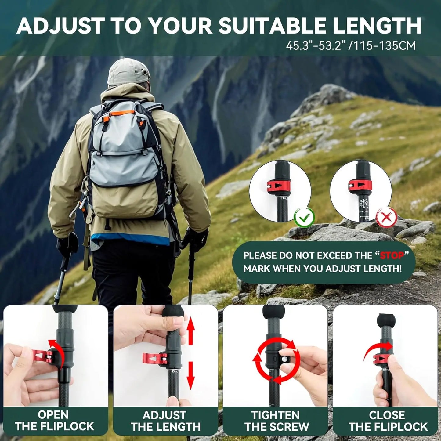 Carbon Fiber Trekking Poles Lightweight Collapsible Hiking