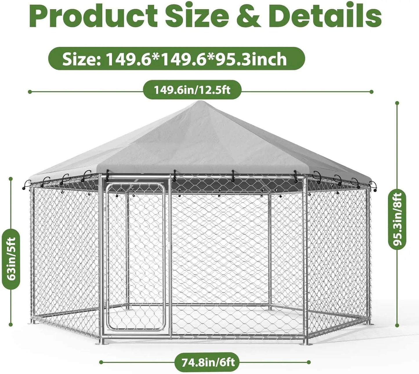12.5'x12.5' Outdoor Dog Kennel with Roof, Heavy Duty Dog Enclosure for Run Exercise Yard, Galvanized