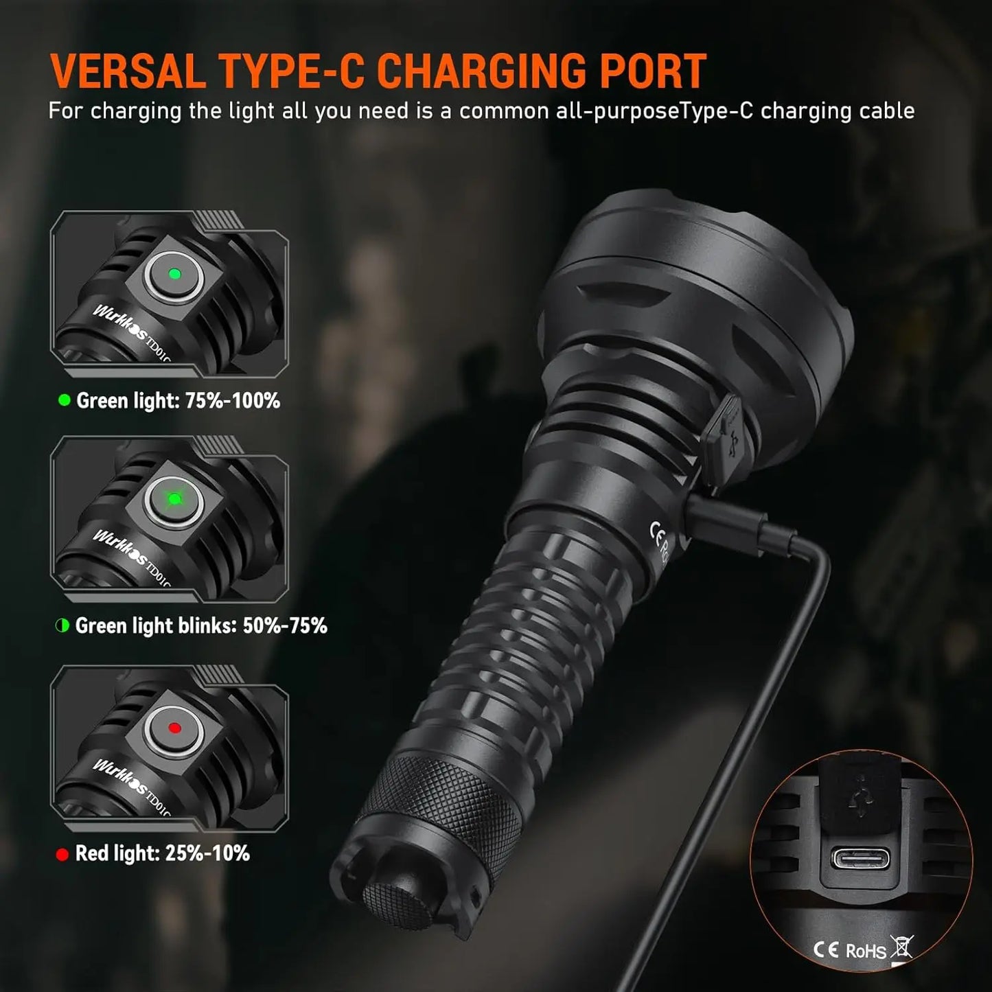 Wurkkos TD01C Tactical Flashlight, USB Rechargeable, 1800 Lumens, Ultra-Long-Range, Ideal for Outdoor Fishing, Tail Switch