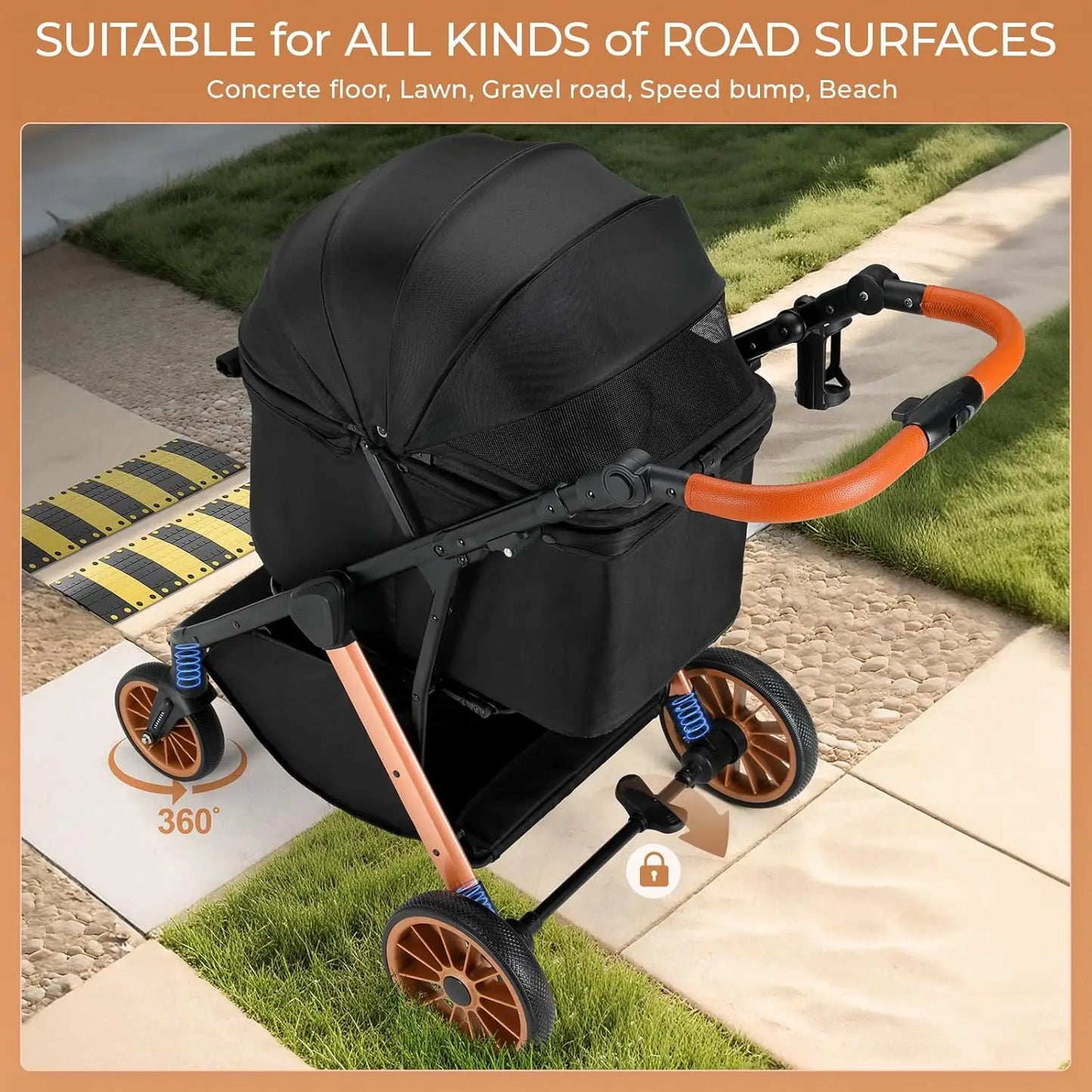 Foldable All Terrain Pet Stroller With Adjustable Handle Sun Shade