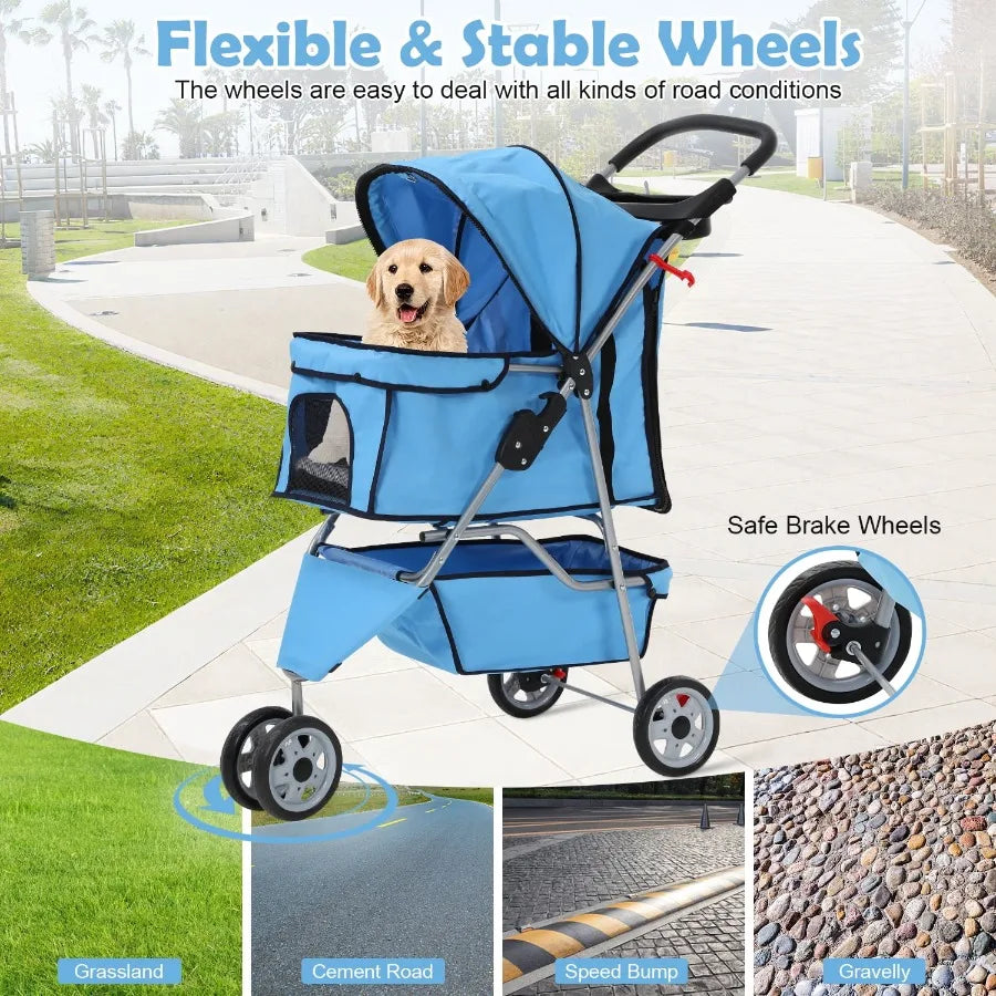Foldable 3-Wheel Dog Stroller With Cup Holder And Storage