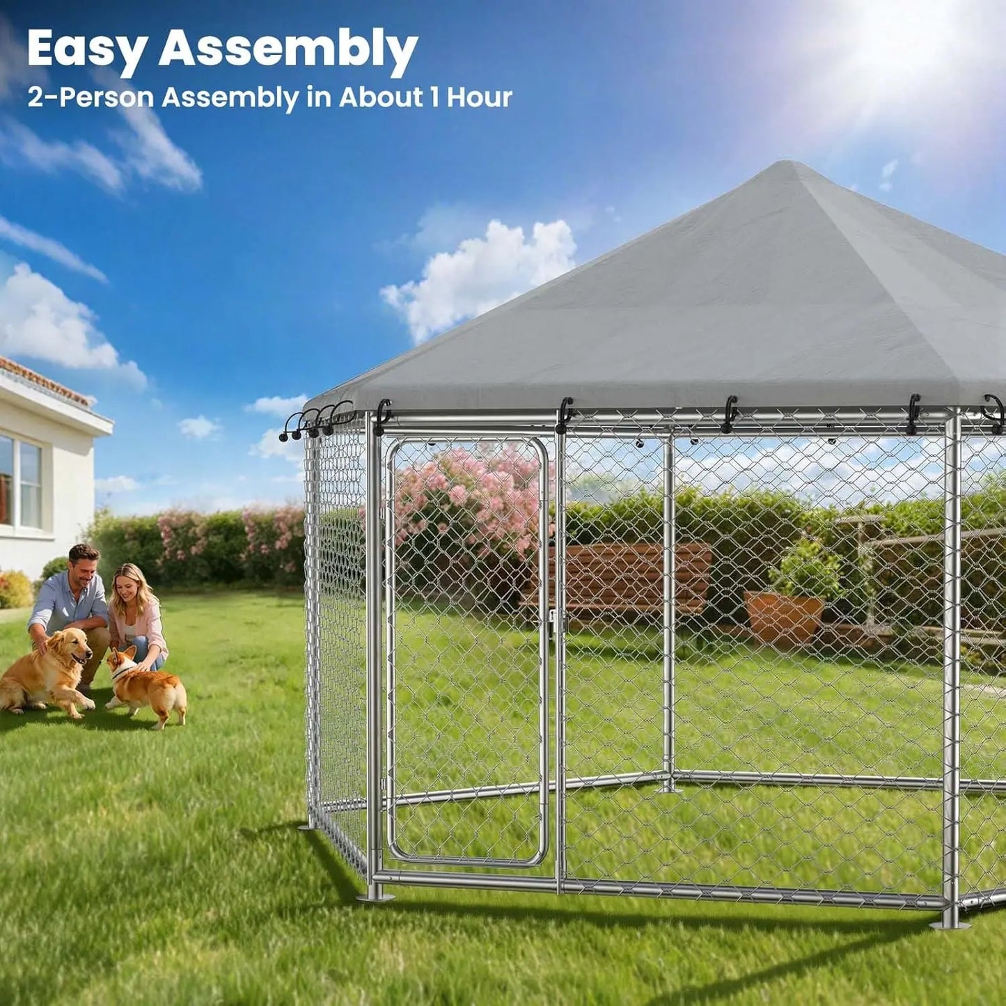 12.5'x12.5' Outdoor Dog Kennel with Roof, Heavy Duty Dog Enclosure for Run Exercise Yard, Galvanized