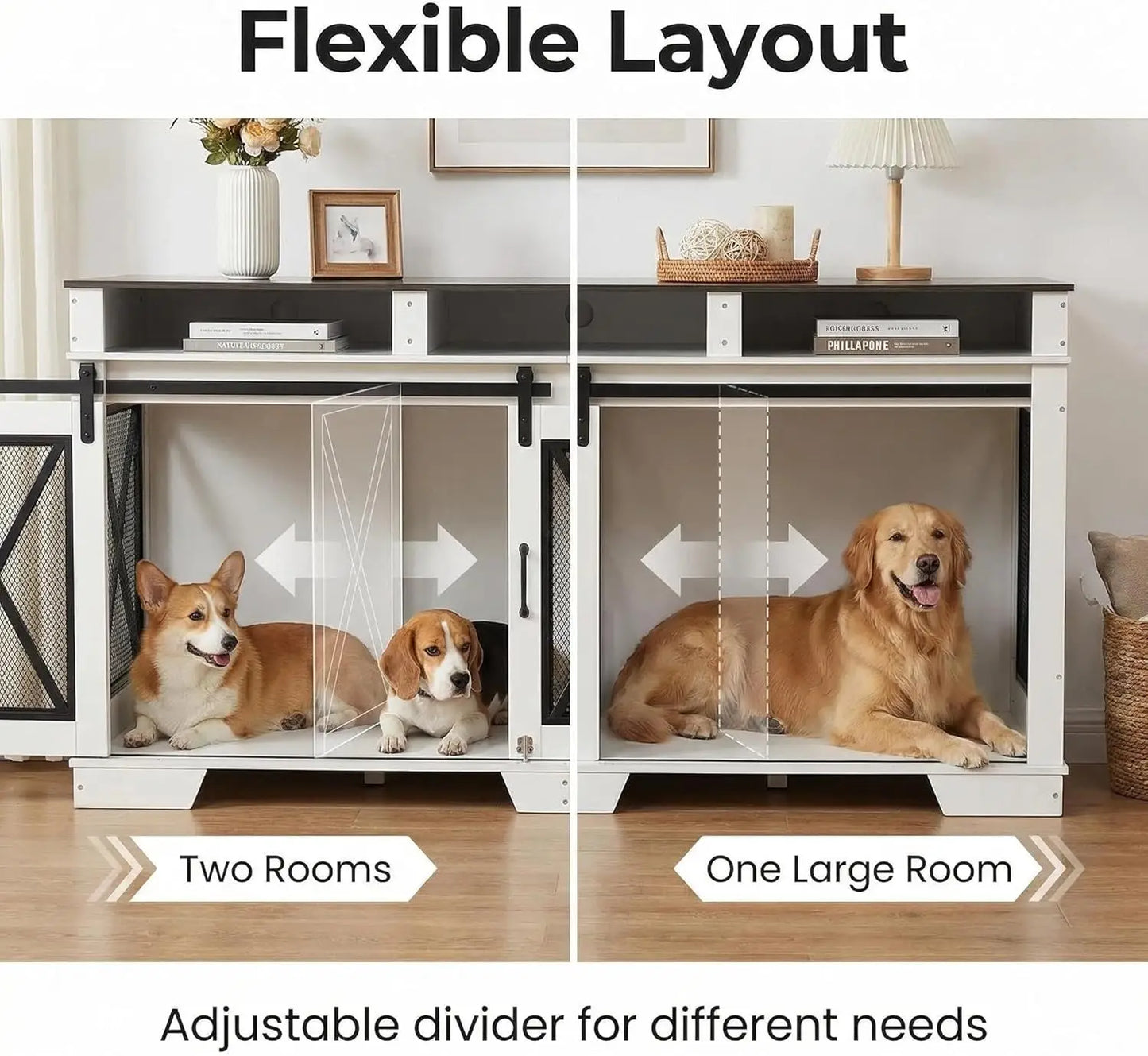 71" Double Dog Crate Furniture with Sliding Doors,Wood & Metal Dog Cage with Divider,Large Dog Kennel,Indoor Crate TV Stand