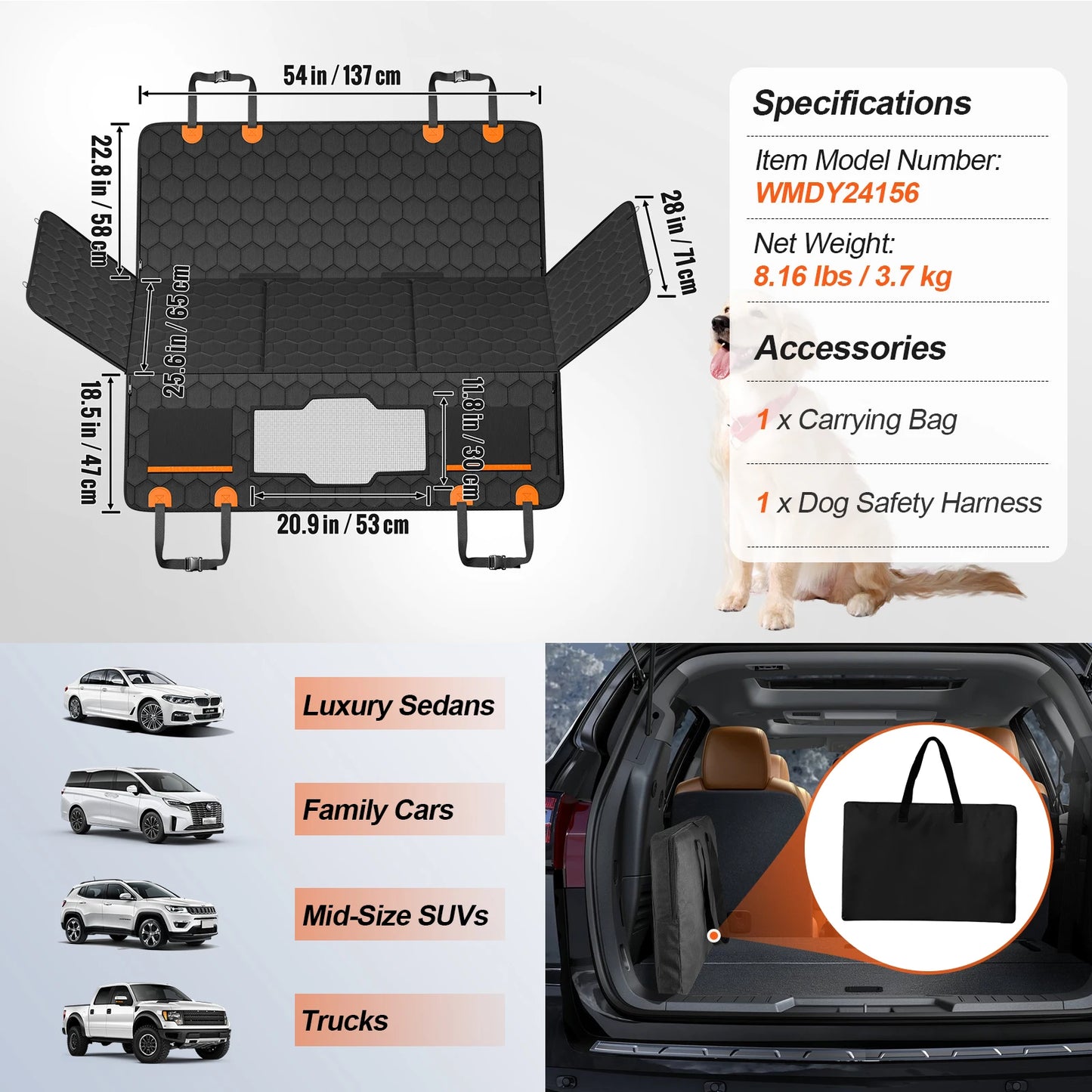 SucceBuy Back Seat Extender Dog Car Cover With Mesh Window Storage Pocket 350lb