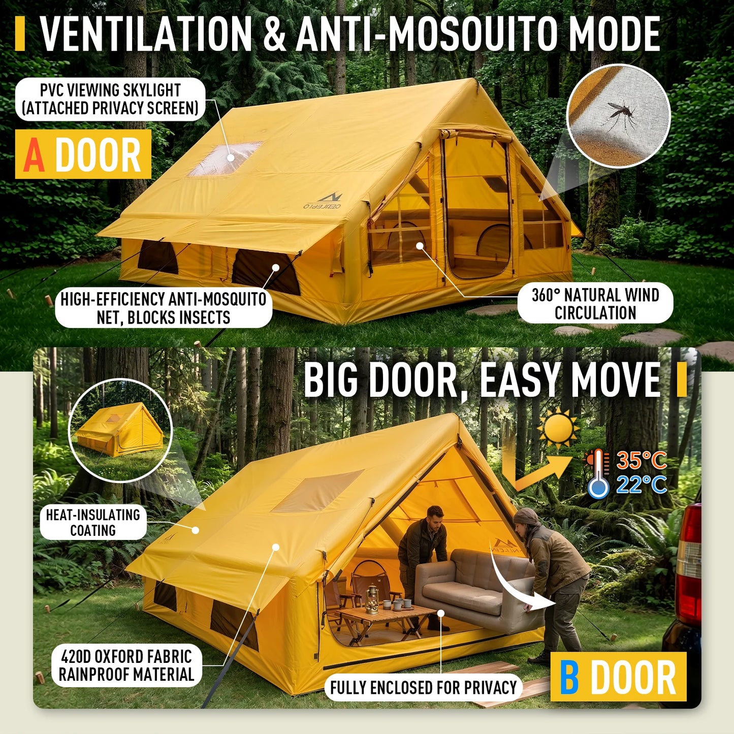 129 Square Feet Inflatable Tent for Camping 6-8 Person,Waterproof Oxford Inflatable Tent House with Hand Pump for All Season