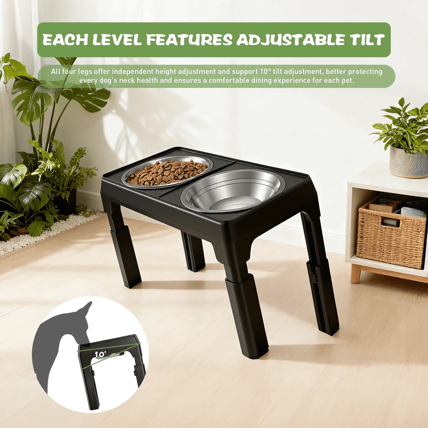 Elevated Adjustable Dog Feeding Station with Stainless Steel Bowls