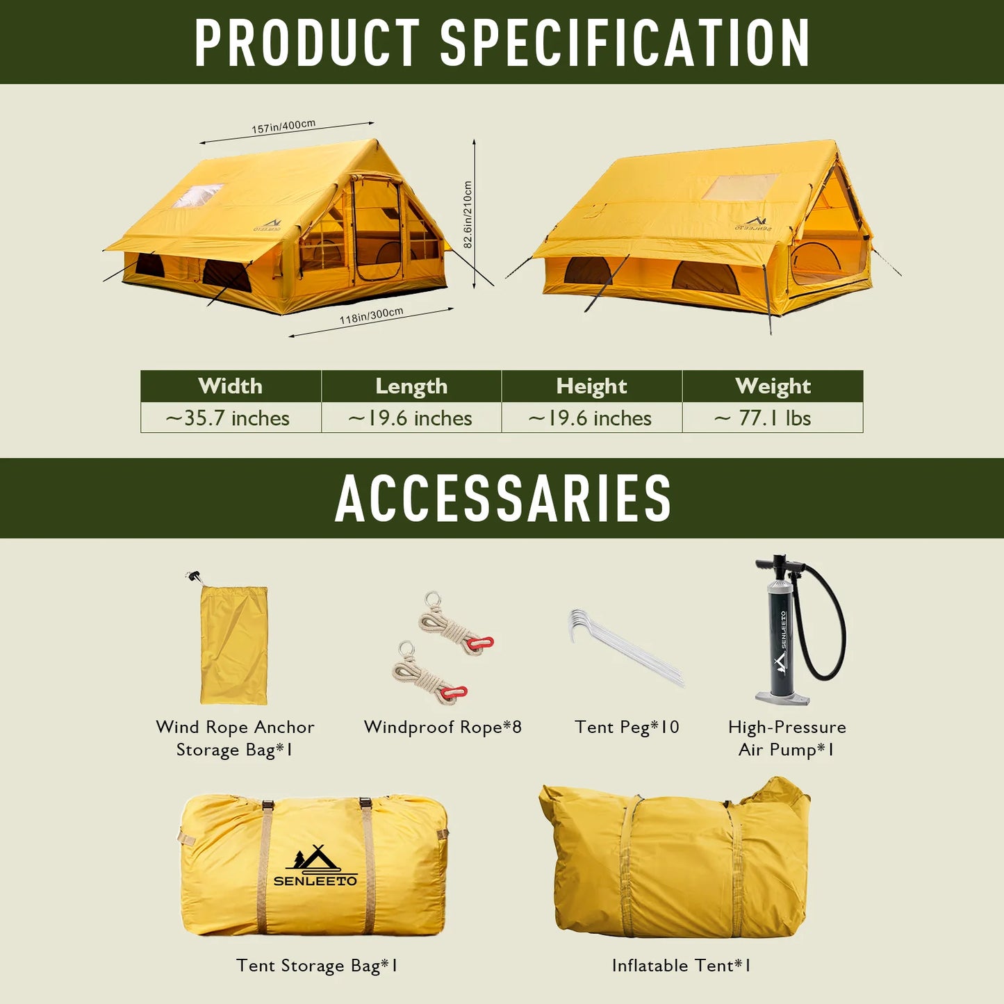 129 Square Feet Inflatable Tent for Camping 6-8 Person,Waterproof Oxford Inflatable Tent House with Hand Pump for All Season